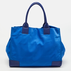 Pre Owned Tory Burch Blue Nylon and Leather Ella Tote