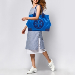 Pre Owned Tory Burch Blue Nylon and Leather Ella Tote