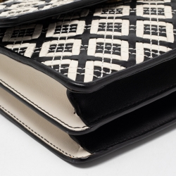 Pre Owned Tory Burch Black/White Woven Leather Robinson Chain Shoulder Bag