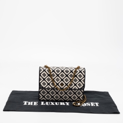 Pre Owned Tory Burch Black/White Woven Leather Robinson Chain Shoulder Bag
