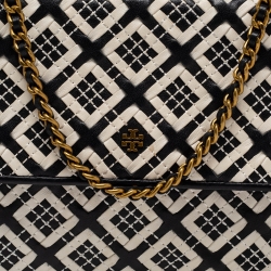 Pre Owned Tory Burch Black/White Woven Leather Robinson Chain Shoulder Bag