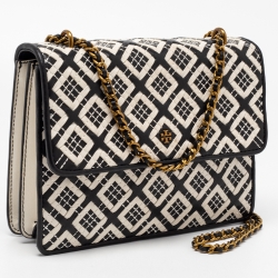 Pre Owned Tory Burch Black/White Woven Leather Robinson Chain Shoulder Bag