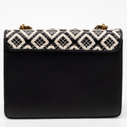 Pre Owned Tory Burch Black/White Woven Leather Robinson Chain Shoulder Bag
