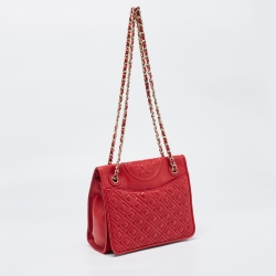 Pre Owned Tory Burch Red Leather Medium Fleming Shoulder Bag