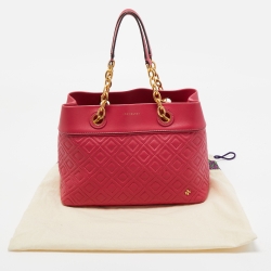 Pre Owned Tory Burch Dark Pink Quilted Leather Fleming Tote