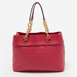 Pre Owned Tory Burch Dark Pink Quilted Leather Fleming Tote