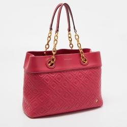 Pre Owned Tory Burch Dark Pink Quilted Leather Fleming Tote