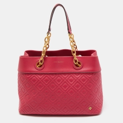 Pre Owned Tory Burch Dark Pink Quilted Leather Fleming Tote