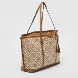 مملوكة مسبقًا Tory Burch Tan/Beige Canvas Logo Triple-Compartment Perry Tote
