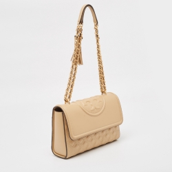 Pre Owned Tory Burch Beige Quilted Leather Fleming Shoulder Bag