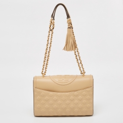 Pre Owned Tory Burch Beige Quilted Leather Fleming Shoulder Bag