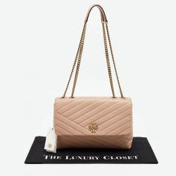 Pre Owned Tory Burch Beige Chevron Leather Kira Shoulder Bag