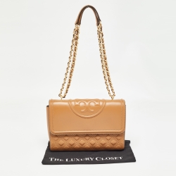 Pre Owned Tory Burch Brown Quilted Leather Fleming Shoulder Bag