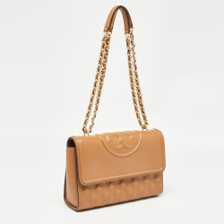 Pre Owned Tory Burch Brown Quilted Leather Fleming Shoulder Bag