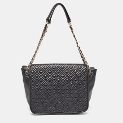 Pre Owned Tory Burch Black Quilted Leather Marion Flap Shoulder Bag