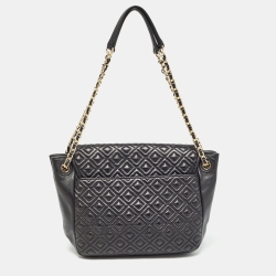 Pre Owned Tory Burch Black Quilted Leather Marion Flap Shoulder Bag