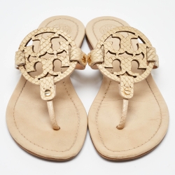 Pre Owned Tory Burch Beige Leather Mini Miller Thong Flat Sandals Size 37