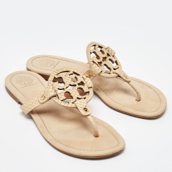 Pre Owned Tory Burch Beige Leather Mini Miller Thong Flat Sandals Size 37