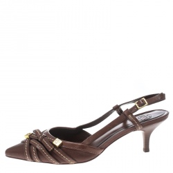 Pre Owned Tory Burch Brown Leather Bow Pointed Toe Slingback Sandals Size 38