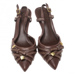 Pre Owned Tory Burch Brown Leather Bow Pointed Toe Slingback Sandals Size 38