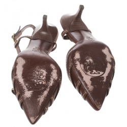 Pre Owned Tory Burch Brown Leather Bow Pointed Toe Slingback Sandals Size 38