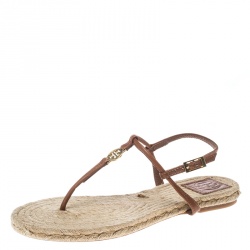 Pre Owned Tory Burch Brown Leather Emmy Flat Espadrilles Thong Sandals Size 38