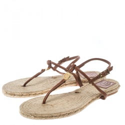 Pre Owned Tory Burch Brown Leather Emmy Flat Espadrilles Thong Sandals Size 38