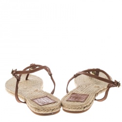 Pre Owned Tory Burch Brown Leather Emmy Flat Espadrilles Thong Sandals Size 38