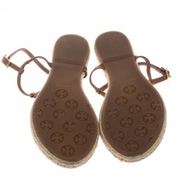 Pre Owned Tory Burch Brown Leather Emmy Flat Espadrilles Thong Sandals Size 38