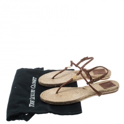 Pre Owned Tory Burch Brown Leather Emmy Flat Espadrilles Thong Sandals Size 38