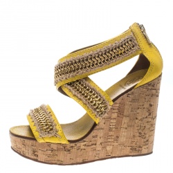 Pre Owned Tory Burch Yellow Leather Lucian Chain Embellished Cork Wedge Sandals Size 38