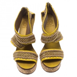 Pre Owned Tory Burch Yellow Leather Lucian Chain Embellished Cork Wedge Sandals Size 38