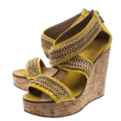 Pre Owned Tory Burch Yellow Leather Lucian Chain Embellished Cork Wedge Sandals Size 38