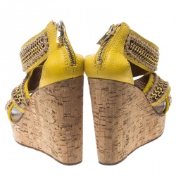 Pre Owned Tory Burch Yellow Leather Lucian Chain Embellished Cork Wedge Sandals Size 38