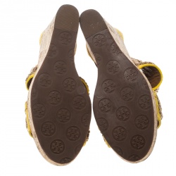 Pre Owned Tory Burch Yellow Leather Lucian Chain Embellished Cork Wedge Sandals Size 38