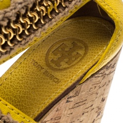 Pre Owned Tory Burch Yellow Leather Lucian Chain Embellished Cork Wedge Sandals Size 38