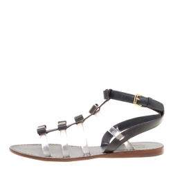 Pre Owned Tory Burch Black Leather and PVC Kira Gladiator Flat Sandals Size 37.5