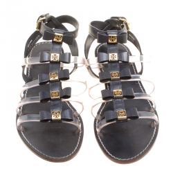 Pre Owned Tory Burch Black Leather and PVC Kira Gladiator Flat Sandals Size 37.5