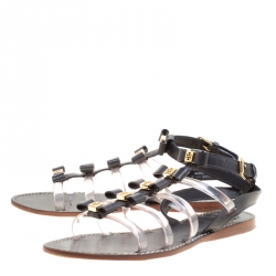 Pre Owned Tory Burch Black Leather and PVC Kira Gladiator Flat Sandals Size 37.5