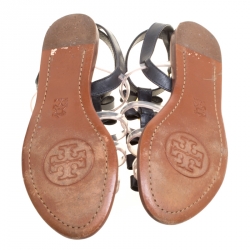 Pre Owned Tory Burch Black Leather and PVC Kira Gladiator Flat Sandals Size 37.5