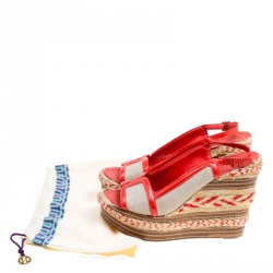 Pre Owned صندل توري برش كعب روكي إسبادريل فتحة كعب بريشر جلد لامع وكانفاس أحمر/ بيج مقاس 39.5