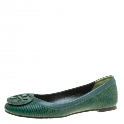 Tory Burch Green Lizard Embossed Leather Reva Ballet Flats Size 38.5