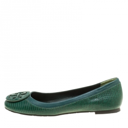 Tory Burch Green Lizard Embossed Leather Reva Ballet Flats Size 38.5