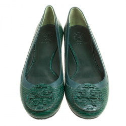 Tory Burch Green Lizard Embossed Leather Reva Ballet Flats Size 38.5