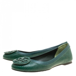 Tory Burch Green Lizard Embossed Leather Reva Ballet Flats Size 38.5