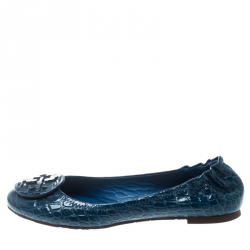 Pre Owned Tory Burch Blue Patent Croc Embossed Leather Reva Scrunch Ballet Flats Size 38.5
