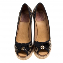 Pre Owned Tory Burch Beige/Black Animal Print Raffia and Fabric Jackie Wedges Pumps Size 37