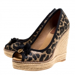 Pre Owned Tory Burch Beige/Black Animal Print Raffia and Fabric Jackie Wedges Pumps Size 37