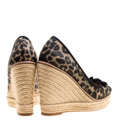 Pre Owned Tory Burch Beige/Black Animal Print Raffia and Fabric Jackie Wedges Pumps Size 37