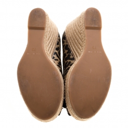 Pre Owned Tory Burch Beige/Black Animal Print Raffia and Fabric Jackie Wedges Pumps Size 37